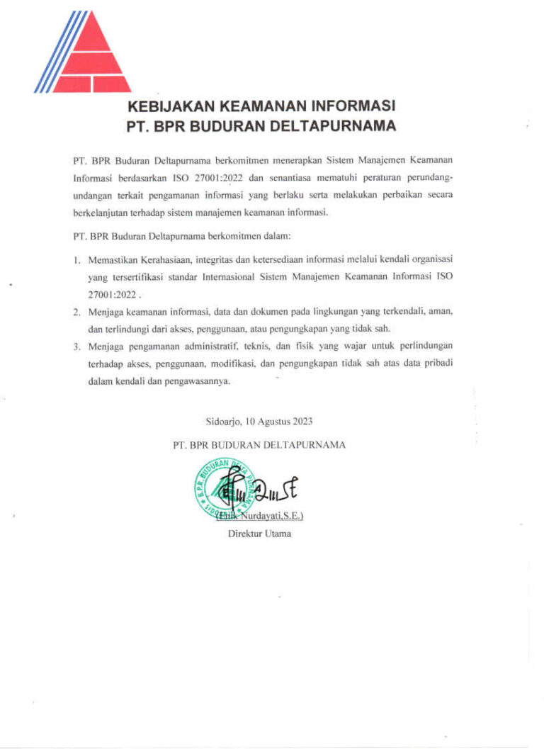 kebijakan keamanan informasi PT BPR Buduran Deltapurnama